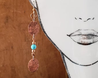 Copper Earrings, Textured Earrings, Metal Dangle Earrings, Long Earrings, Cool Earrings, Unique Earrings, Aqua Earrings, Funky Earrings