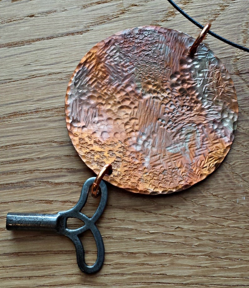 Vintage Key Pendant, Funky Necklace, Copper Pendant, Copper Necklace, Round Copper Pendant, Edgy Necklace, Statement Necklace, Cool Pendant image 2