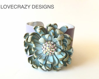 leather  cuff with handmade leather flower and center bling