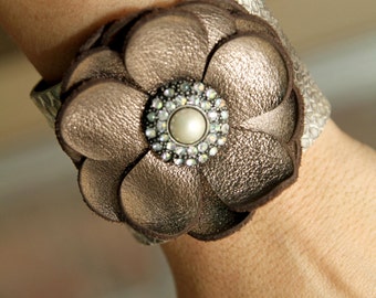 2  inch snakeskin leather cuff with bronze leather flower and center bling