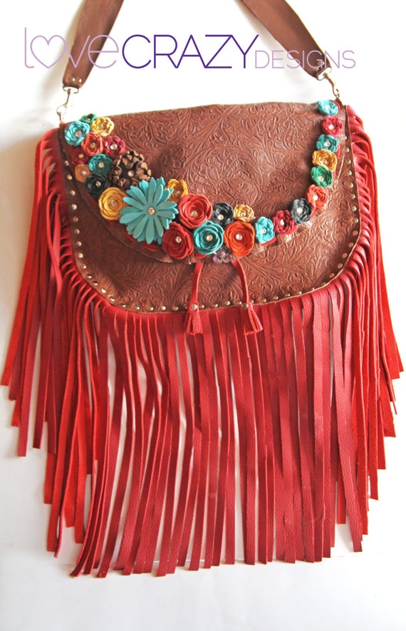 Items similar to Leather fringe purse with handmade leather flowers on Etsy