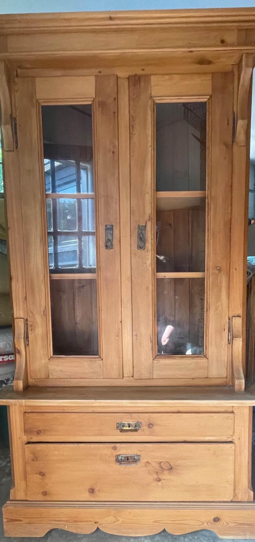 Perfect size Antique English pine cabinet with glass doors, key/ lock