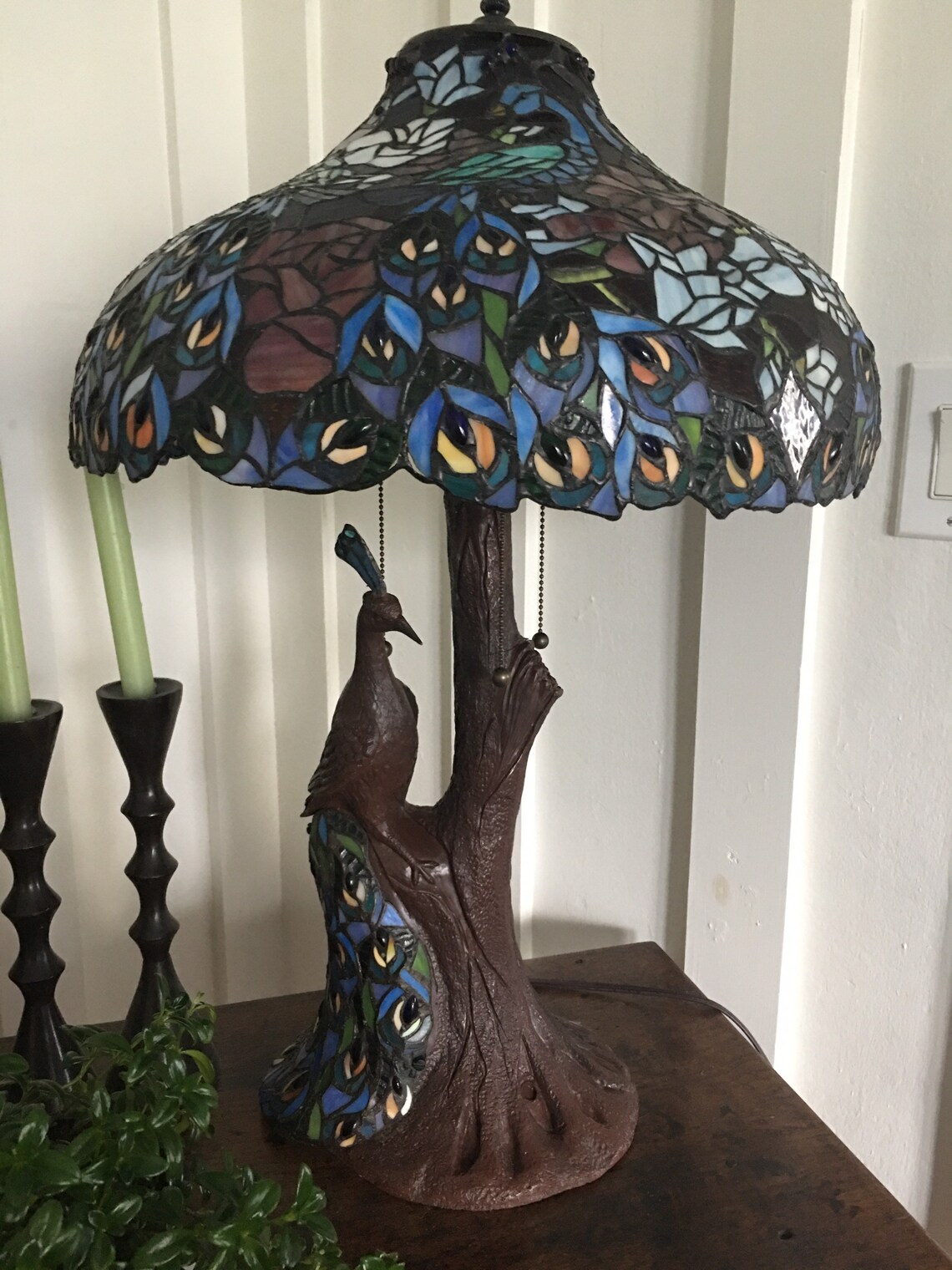 Vintage stained glass peacock lamp Etsy