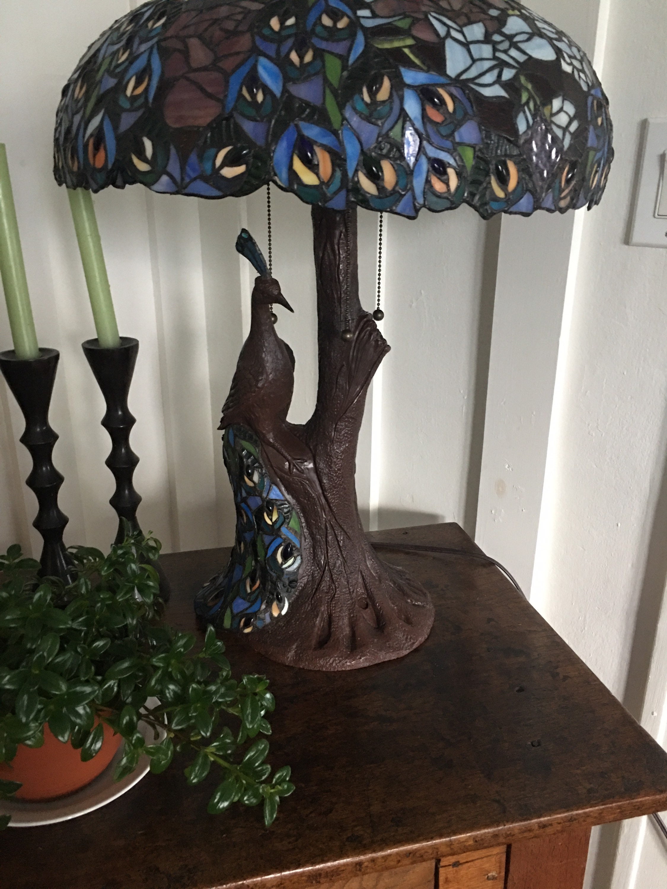 Vintage stained glass peacock lamp Etsy