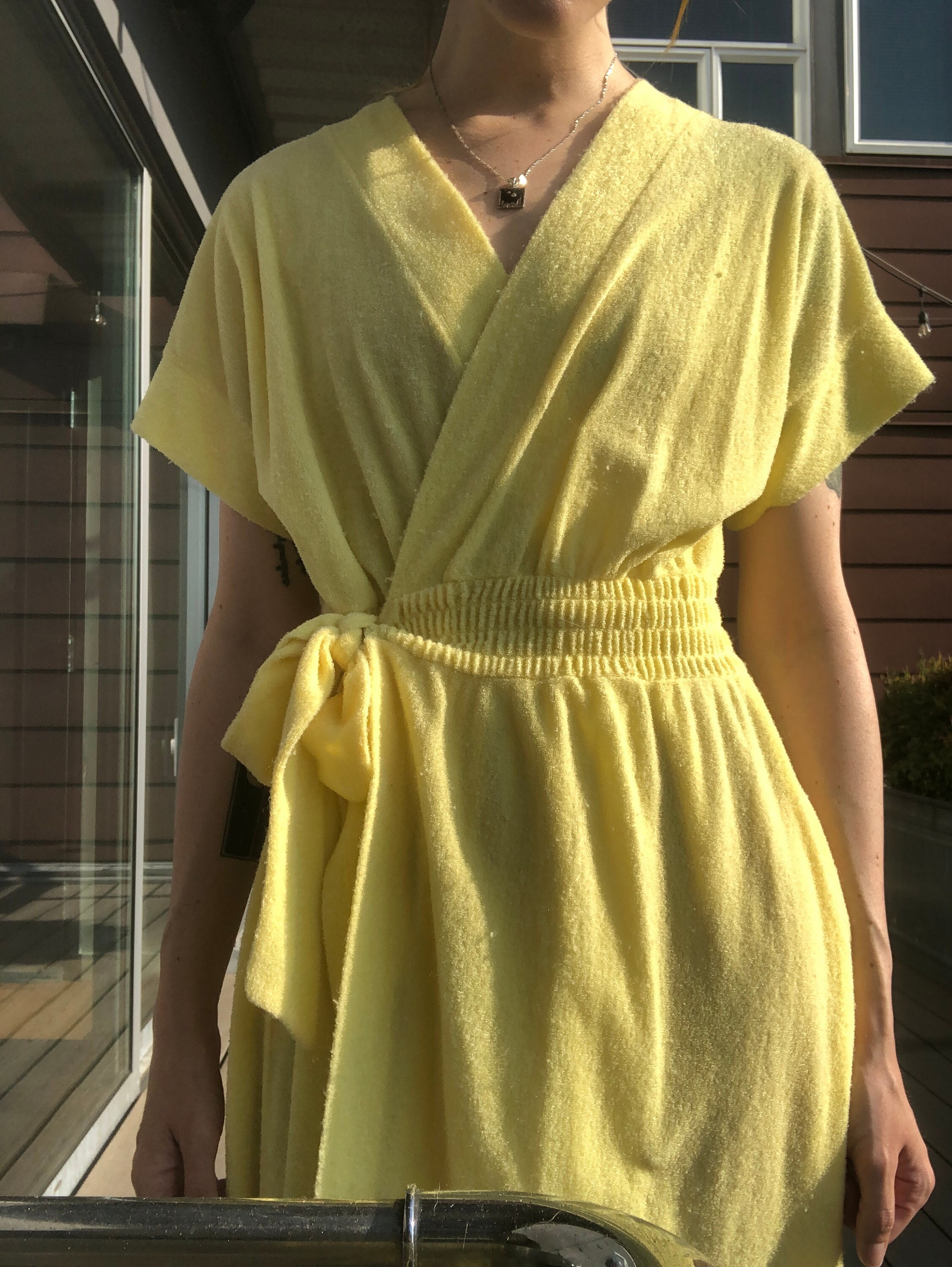 Vintage y2k does 70s yellow terry cloth maxi wrap dress XS Etsy