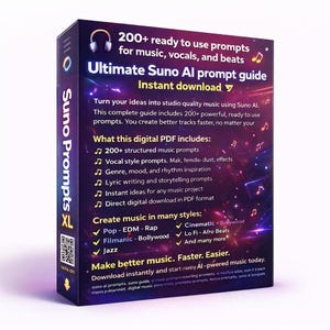 May include: A digital PDF guide titled "Ultimate Suno AI prompt guide" with the text "Instant download." The cover is dark with musical notes and headphones. It promises 200+ prompts for music, vocals, and beats, and includes various music styles.