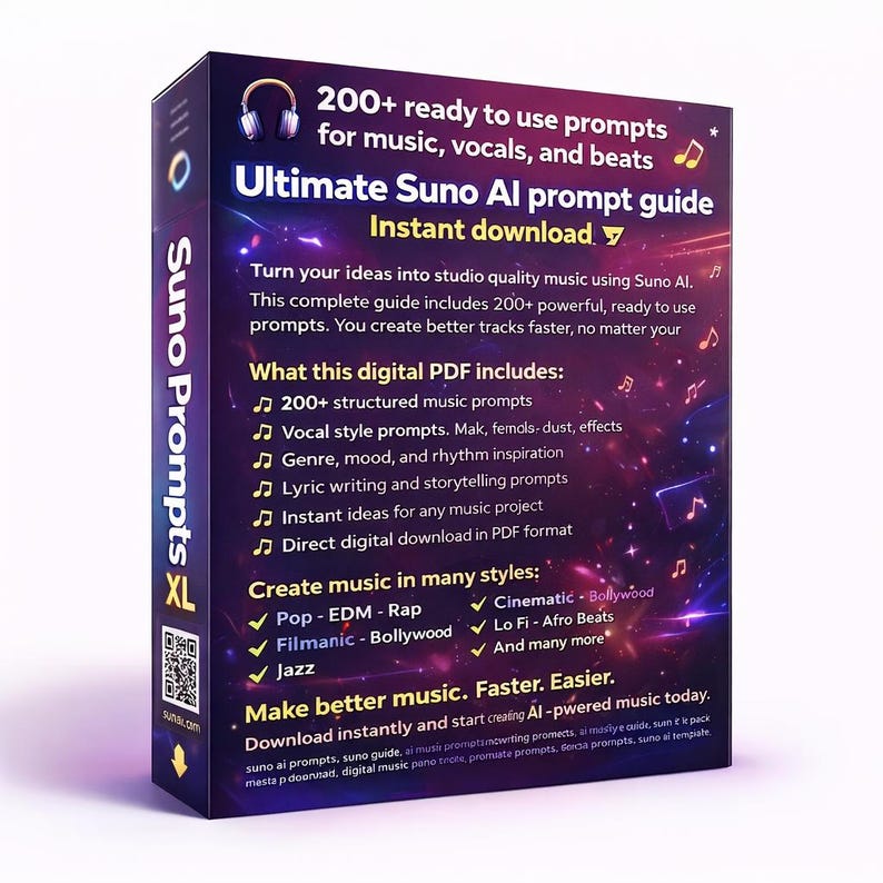 May include: A digital PDF guide titled "Ultimate Suno AI prompt guide" with the text "Instant download." The cover is dark with musical notes and headphones. It promises 200+ prompts for music, vocals, and beats, and includes various music styles.