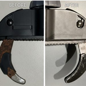 May include: A before-and-after image of a black and silver tool. The "BEFORE" side shows a rusty, black tool. The "AFTER" side shows the tool cleaned and restored. The tool has a curved claw-like shape.