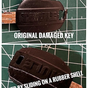 May include: Two images showing a damaged black key and a repaired key. The top image shows the original key with the text "ORIGINAL DAMAGED KEY". The bottom image shows the key fixed with a rubber shell, with the text "FIXED BY SLIDING ON A RUBBER SHELL".