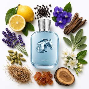 May include: A light blue perfume bottle with a silver cap and a geometric horse design, surrounded by ingredients like lemon, lavender, and spices. The word "VALERO" is printed on the bottle.