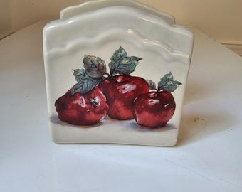Farmhouse Ceramic Napkin Holder Cream with Red Apple Design Country Kitchen