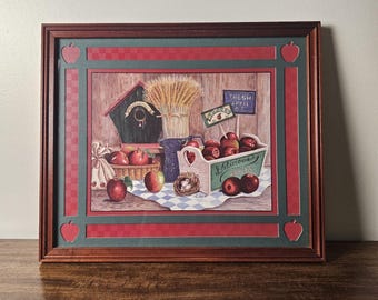 Framed “Country Apples” Rustic Farmhouse Wall Art Print Wood Frame Cottage Decor
