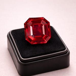 Könnte beinhalten: Ein großer, facettierter, roter Edelstein im Smaragdschliff, präsentiert auf einer mit schwarzem Samt ausgekleideten Schatulle. Die Facetten des Edelsteins reflektieren das Licht und zeigen seine Klarheit und lebendige Farbe. Die Schatulle hat eine schwarze Lederausstattung.