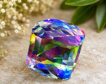 May include: A square-shaped faceted gemstone featuring a vibrant iridescent finish that displays a spectrum of colors including deep blues, purples, greens, and yellows. The surface is highly reflective with geometric cuts that create light refraction.