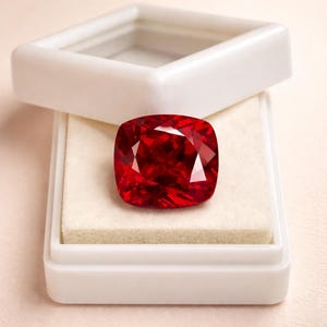 Könnte beinhalten: Ein facettierter, tiefroter Edelstein im Kissenschliff liegt in einer offenen, weißen Präsentationsbox. Die Facetten des Steins reflektieren das Licht und erzeugen ein brillantes Funkeln. Die Box ist mit cremefarbenem Stoff ausgekleidet.