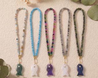 Collar de piedras preciosas con colgante de pez, collar con dije de cuentas de piedras preciosas, collar colorido, collar llamativo, regalo de Navidad para ella.