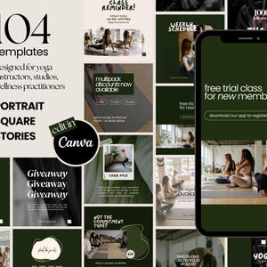 May include: A bundle of 104 Instagram templates for yoga instructors, studios, and wellness practitioners. The templates are in portrait, square, and stories formats. The image includes a smartphone screen with a "free trial class" offer.