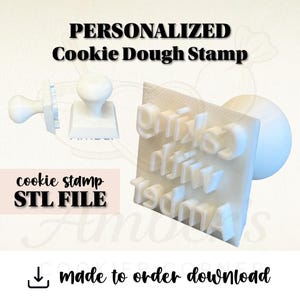 May include: White personalised cookie dough stamp with the text "gifts of faith 1904". The image also includes the text "cookie stamp STL FILE" and "made to order download". The stamp has a handle and a square imprint.
