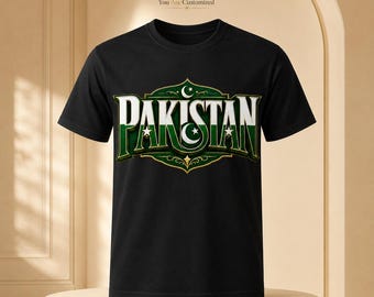 Ornate Pakistan T-Shirt, Green Gold Crescent Star Tee, Pakistani Pride Shirt