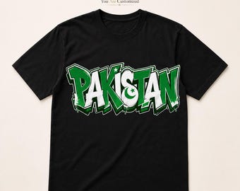 T-shirt met graffiti uit Pakistan, T-shirt met groene en witte vlag, T-shirt voor de Pakistaanse Onafhankelijkheidsdag.