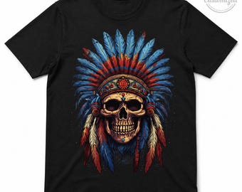 Native Skull-T-shirt, T-shirt met hoofdtooischedel, grafisch krijgershirt, uniseks katoenen ronde hals