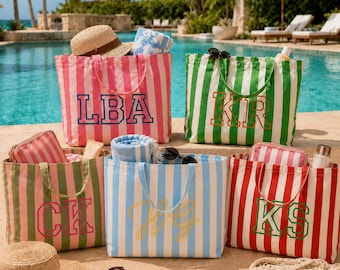 Personalized Striped Canvas Tote Bag, Custom Name Beach Bag, Bride Tote, Future Mrs Bag, Bridesmaid Gift, Honeymoon Tote