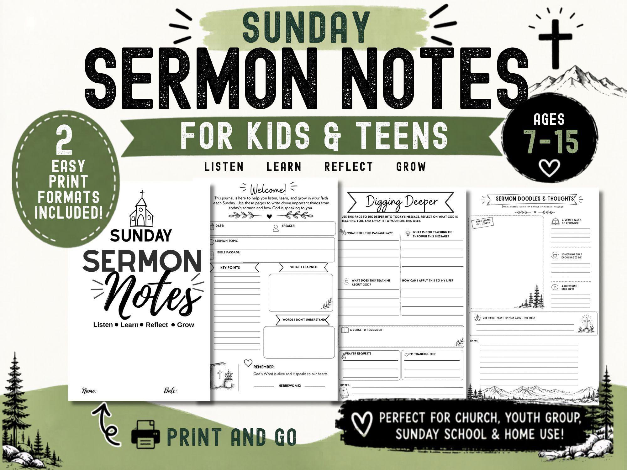 Sunday Sermon Notes for Kids & Teens | Printable Church Journal | Faith ...