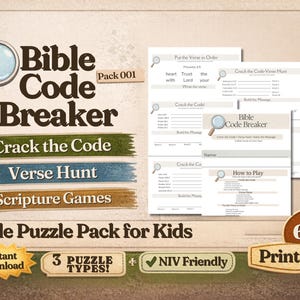 May include: A printable Bible Code Breaker puzzle pack for kids aged 6-10. The design features a magnifying glass, the text "Bible Code Breaker", and puzzle sheets with instructions. Includes "Crack the Code" and "Verse Hunt" games.