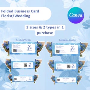 Peut inclure: Visuel de cartes de visite pliées pour fleuriste ou mariage. Les cartes présentent un bouquet de fleurs bleues et le texte "Zena Flower". L'image met en avant deux versions et trois tailles disponibles à l'achat.