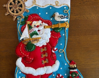 Made to Order Handmade Bucilla Felt Christmas Stocking: Rare Naurical Santa Ahoy Santa Stocking