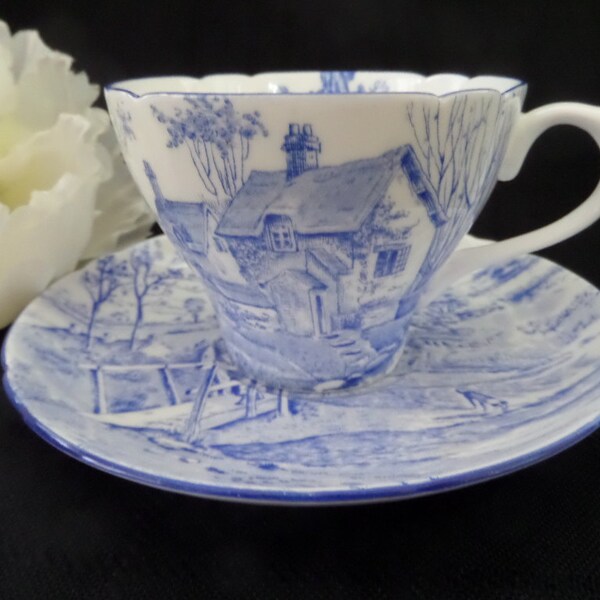 Scenic Shelley Tea Cup -- Surrey Scenery -- Oleander Shape -- Shelley Cup and Saucer -- Blue and White -- English Tea Cup