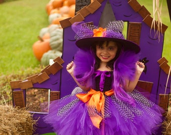 Sparkle Witch Tutu Dress | Girls Halloween Costume | Purple Witch Dress | Boutique Witch Costume | Handmade Witch Dress & Hat