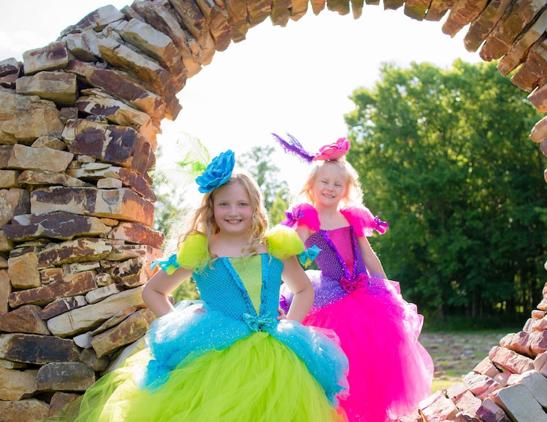 Pode incluir: Dois vestidos com saias de tule e corpetes. Um vestido &eacute; azul e verde-lim&atilde;o com um acess&oacute;rio de cabe&ccedil;a de flor azul. O outro vestido &eacute; roxo e rosa choque com um acess&oacute;rio de cabe&ccedil;a de flor roxa. Ambos t&ecirc;m saias de tule em camadas.