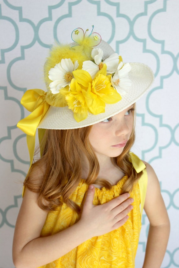 Easter Bonnet- Tea Party Hat - Kentucky Derby Hat - Flower Girl Hat - Child's Yellow Bonnet - Girls Sun Hat- Easter Hat