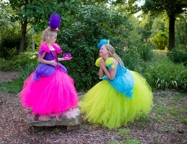 Pode incluir: Dois vestidos de tule. Um vestido apresenta um corpete roxo com uma saia rosa brilhante e um adorno de penas roxas. O segundo vestido tem um corpete azul com uma saia verde-lim&atilde;o e um adorno de flores azuis. Ambos os vestidos t&ecirc;m mangas bufantes.