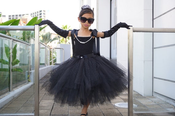 Audrey Hepburn style toddler girl dress set with headband and bow tie shirt
