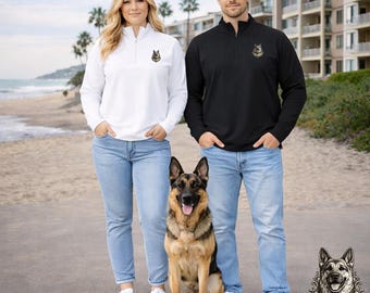 Schäferhund Viertel Zip Pullover, Minimal Hunde Porträt bestickt Top