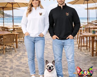 Französische Bulldogge Graphic Quarter Zip Pullover, Leichtes Unisex-Langarmshirt