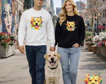 Buntes Golden Retriever Art Sweatshirt Unisex Grafik Hundeporträt Regenbogen Illustration Rundhalsausschnitt Bekleidung