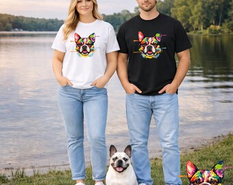 Französische Bulldogge Grafik-T-Shirt, buntes Hundegesicht Unisex T-Shirt