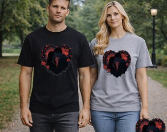 Herz-Silhouette-Grafik-T-Shirt, dunkle Blumenliebe-Grafik Unisex-Oberteil