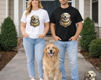 Golden Retriever Vintage Wappen T-Shirt, Hunde Porträt Grafik T-Shirt, Klassisches Haustier Kunst Shirt, Bekleidung