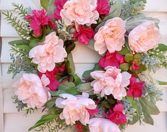 Pink Flowers Wreath front door wreaths 18 inch diameter peony azalea pampas grass medium