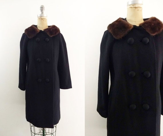 Vintage 1950s 1960s Black Wool Coat Fur Collar 50s