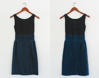 Vintage 1960s Black and Blue Velvet Dress Colorblock Dress Mad Men Sheer Black Dress XS Small Size 0 Size 2