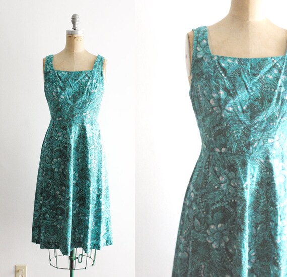 Vintage 1950s Teal Floral Sundress 50s Sundress Te