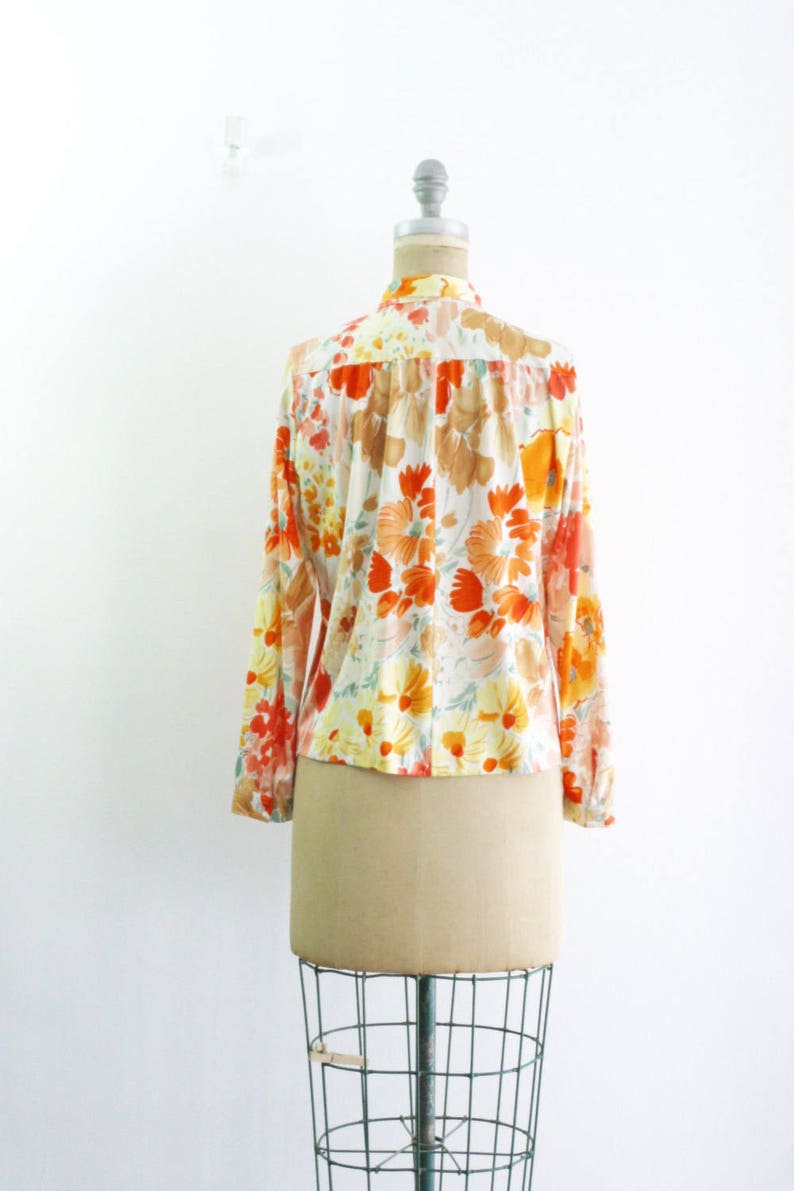 Vintage 1970s Floral Blouse Orange Pink Red Floral Blouse Poppy Shirt Daisy Shirt Orange Poppy Blouse California Poppy Daisy Blouse L