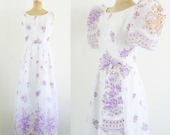 Vintage 1930s Gown 30s Dress Puff Sleeve Dress Purple Floral Dress White Floral Dress 30s Puff Sleeve Hollywood Dress Medium