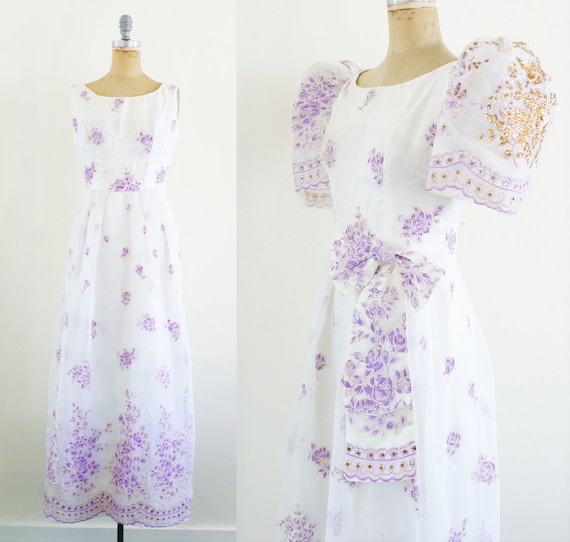 Vintage 1930s Gown 30s Dress Puff Sleeve Dress Pur