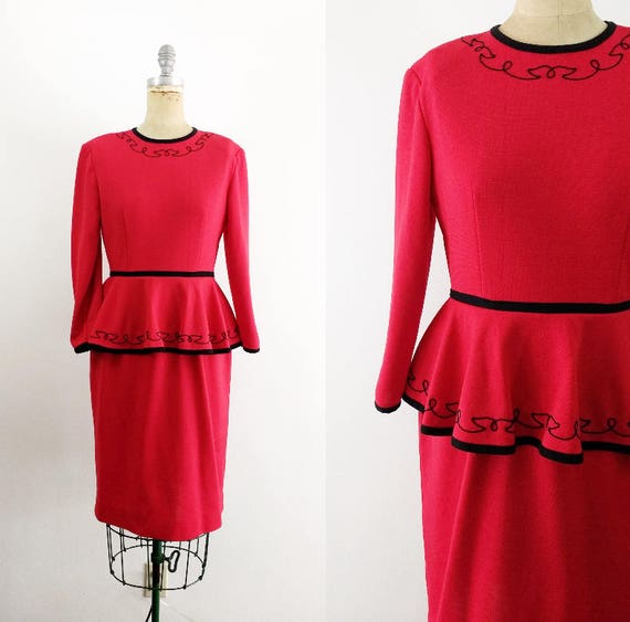 Vintage 1940s 1980s Red Peplum Dress Red and Black